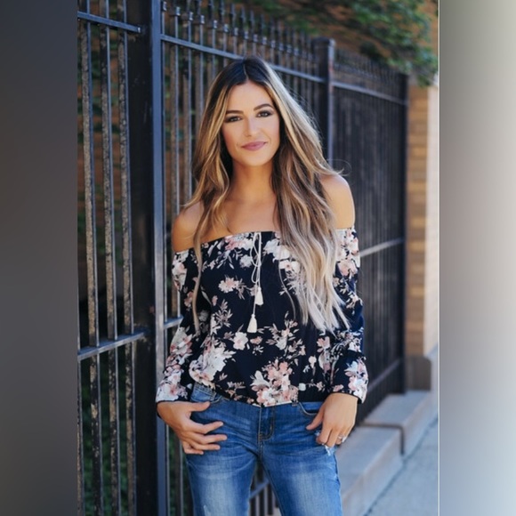 Navy Floral Off The Shoulder Long Sleeve Top - Picture 2 of 2